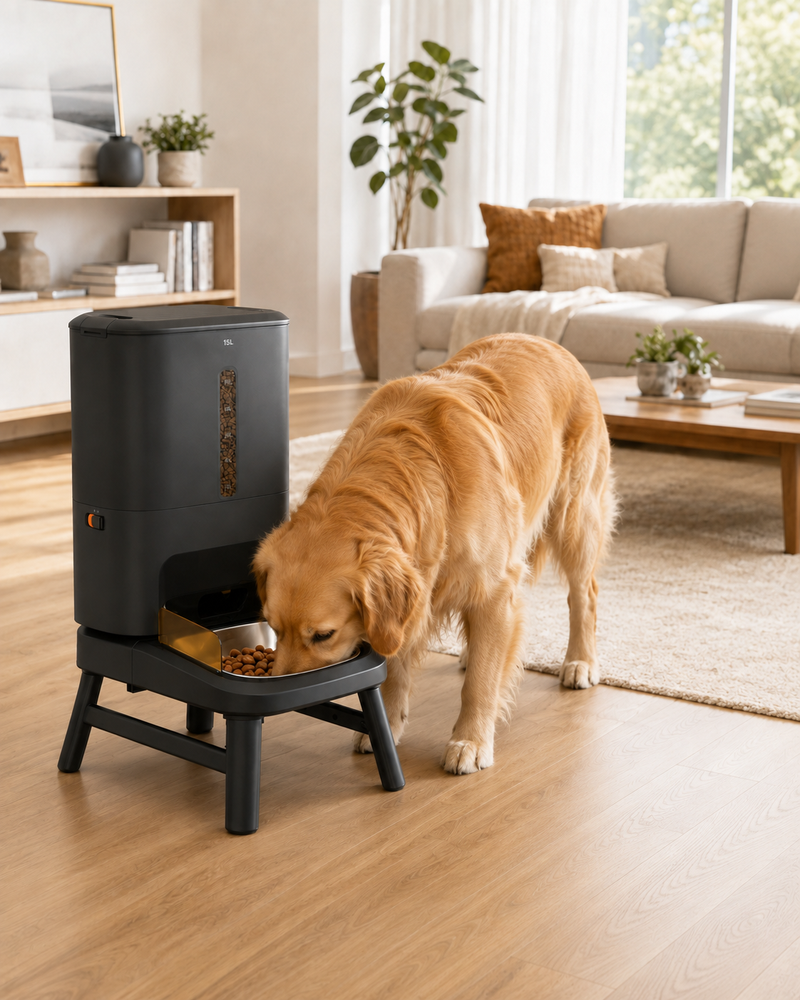 A golden retriever eats from the raised steel bowl of the SmartPaw Titan automatic feeder
